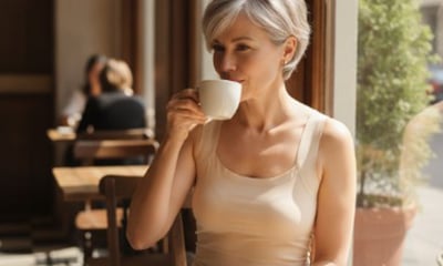 Customer wearing the nude Pam Tanks tank at a cafe