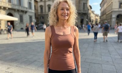 Customer wearing the brown Pam Tanks tank in the city