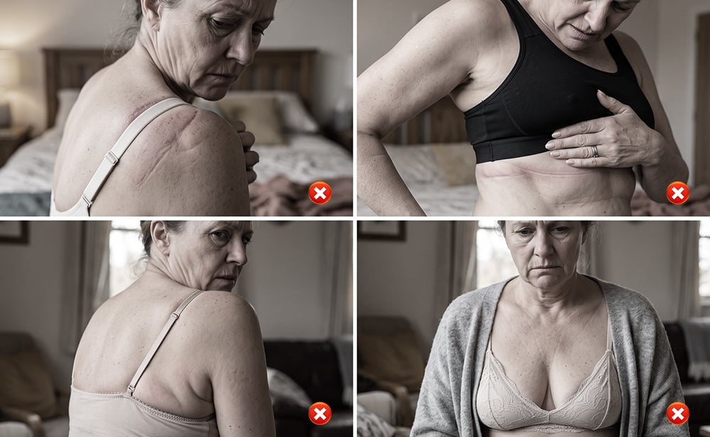 Women struggling with digging bra straps and back bulges