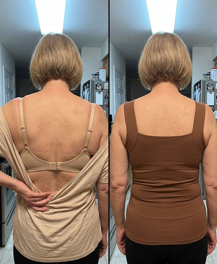 Back view in Brown: a bra underneath a top next to PamTanks