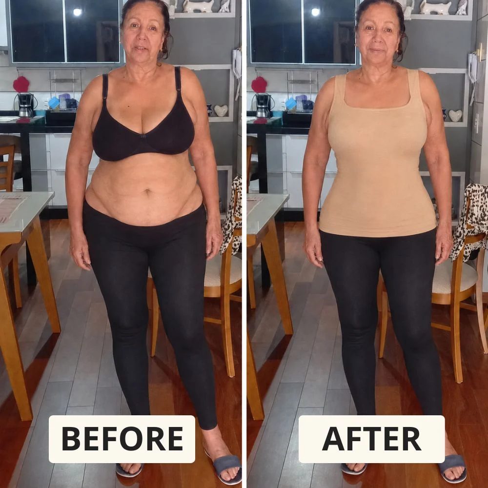 Before and after: the same woman in a bra, then in the PamTanks tank