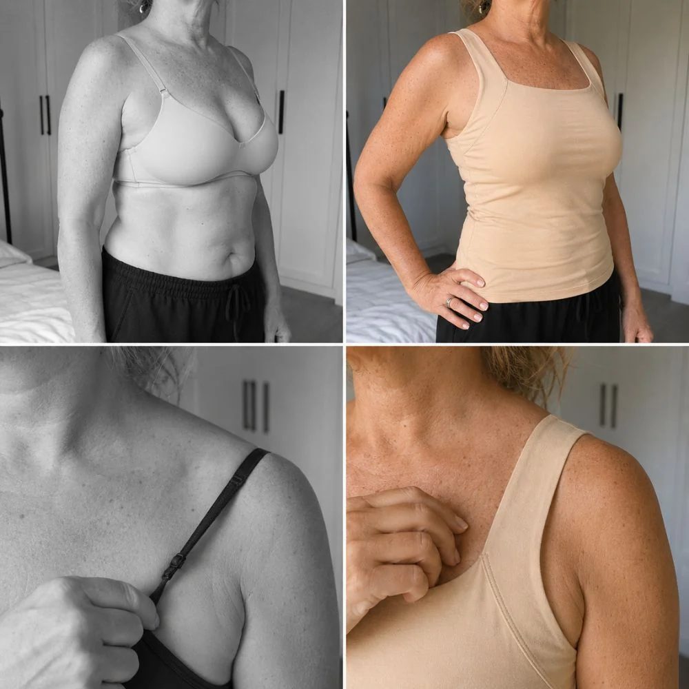 A regular bra with thin straps next to PamTanks with wide, soft straps: front view and shoulder close-up