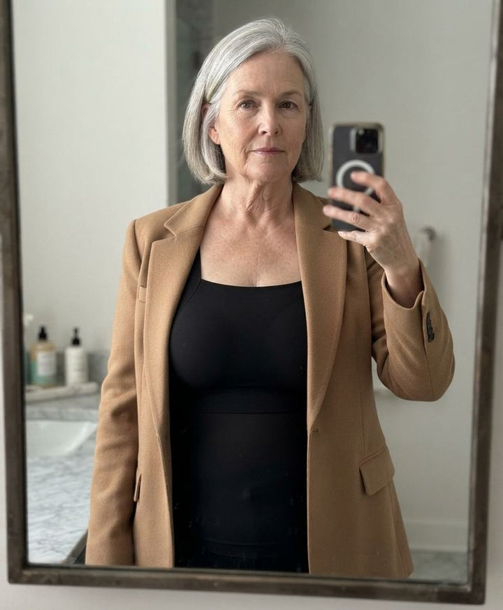 A woman wearing PamTanks in Black, under a blazer