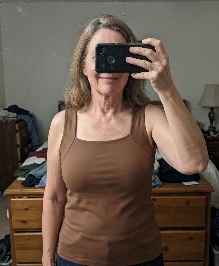 A woman wearing PamTanks in Brown